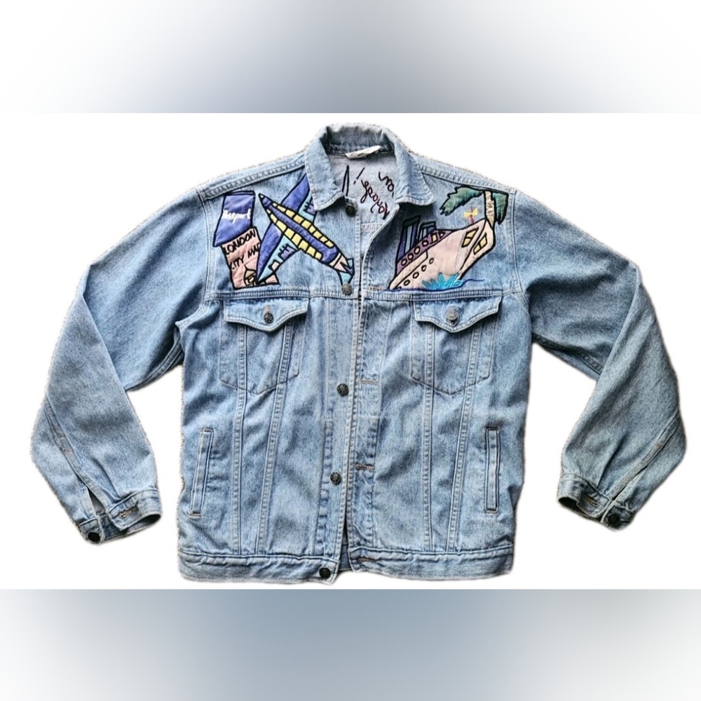 Silkscapes Women's Embroidered Travel The World Blue Jean Jacket Size Small Vtg